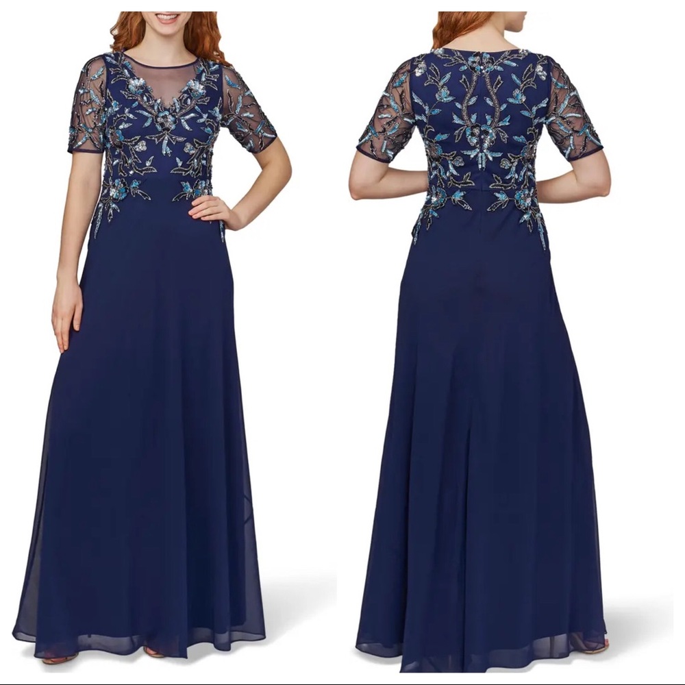 ADRIANNA PAPELL Beaded Mesh Chiffon Light Navy Gown size 2